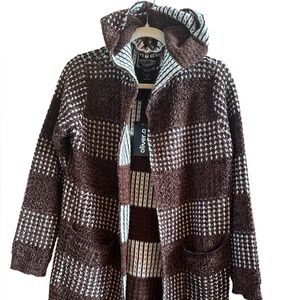 Oliver.o NWT Woman’s Sz XL‎ Chocolate Brown White Checkered Hooded Long Cardigan